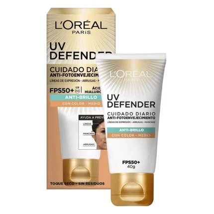Loreal Uv Defender Protector Solar Anti Envejecimiento Toque Seco Tono Medio Fps 50+ X 40 G